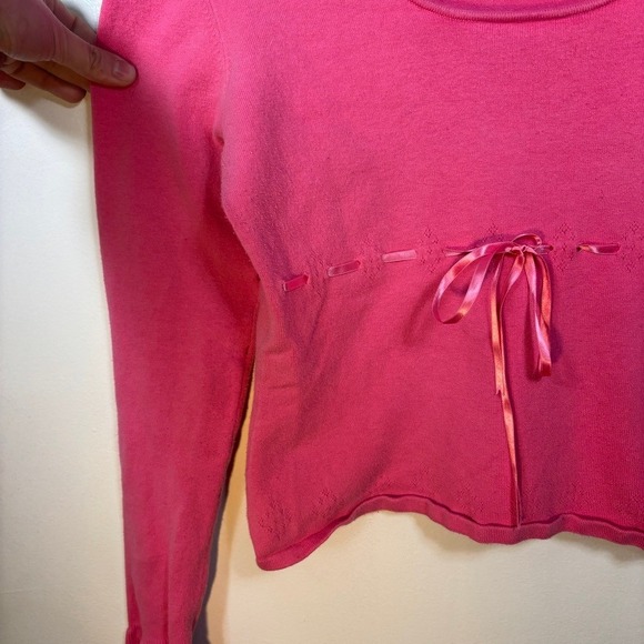 Balletcore Ribbon Tie Knit Sweater Women Sz M Pink Coquette Empire Waist Ruffle - Picture 2 of 10